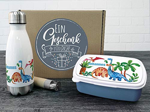 GRAZDesign Brotdose und Trinkflasche Set für Jungen personalisiert mit Namen aus Edelstahl 350ml | Geschenk zur Einschulung (Dinosaurier Welt)