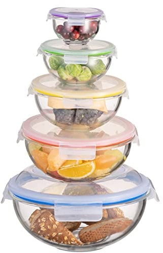 HOCHSTE Glass Mixing Bowls Food Storage Nested Bowls Set of 5 - Healthy Meal Prep Bowls with Dishwasher, Oven, Microwave & Freezer Friendly - Stackable, Anti Slip Salad Bowl Mixing & BPA Free