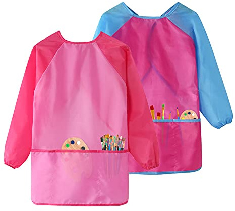 GODR7OY Kids Art Smocks, Painting Apron Artist Smock with Sleeve and 3 Pockets 2 Pack Black/White Set (pink 10-14years)
