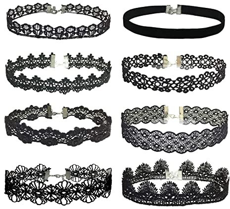 JJDreams Velvet Chokers Schwarz Band Choker Halskette für Damen Mädchen, 8 Stück Classic Gothic Tattoo Lace Choker