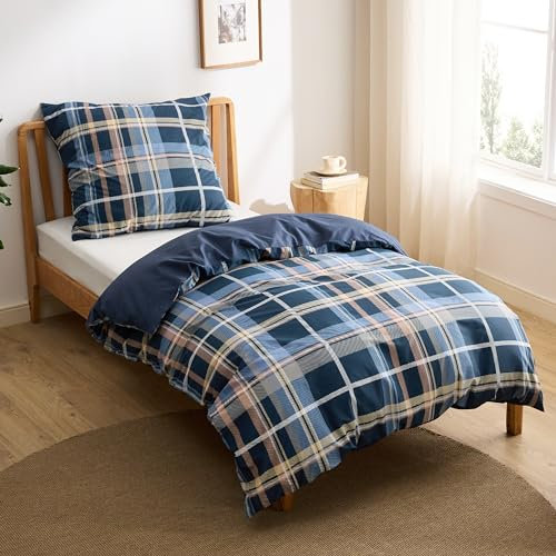 BEDSURE Bettwäsche 135x200 Baumwolle Bettbezug - Bettwäsche-Sets 135 x 200 cm 2teilig mit Kissenbezug 80x80 cm, ÖKO-TEX Wendebettwäsche Bedding mit Reißverschluss Blau Kariert Muster
