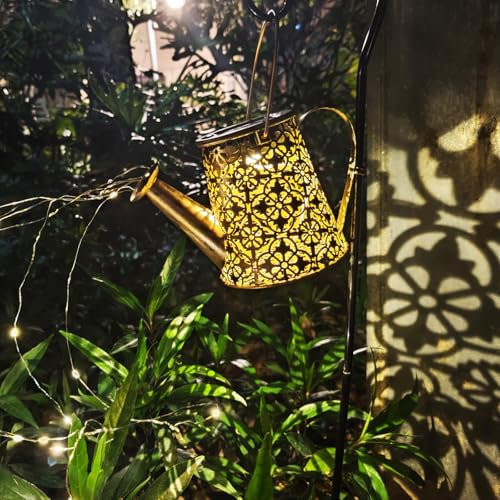Watering Can Light, Solar LED Light Outdoor Clover Light Waterproof, Decorative Vintage Metal Solar Shower Light for Garden Table Terrace Pathway Walkway (with Bracket)