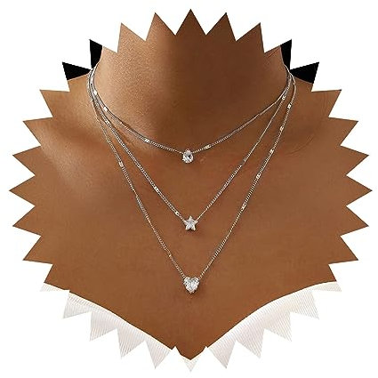 Aneneiceera Boho Geschichtet Glänzender Strass Stern Halskette Wassertropfen Kristall Liebe Anhänger Choker Halskette Silberkette Mehrschichtige Halskette Schmuck für Frauen Mädchen(Silber)
