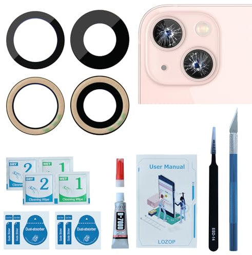 LOZOP Rear Camera Lens with Adhesive Compatible for iPhone 13/13 Mini (2 Pieces/Set) with Repair Tools and Installation Manual