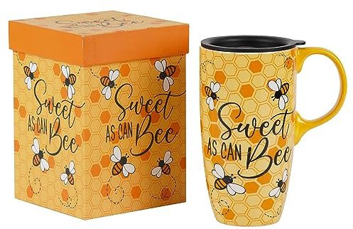 DUSVALLY Ceramic Mug Large Coffee Mug Tall Cups Porcelain Latte Coffee Cup with Lid and Color Box 17oz,Bee