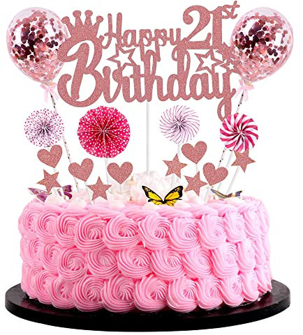 Jrzyhi Happy 21th Birthday Tortendeko - Hello 21 Cake Topper Rosegold für Frau und Mann - Glitter Kuchen Deko 21 Jahre