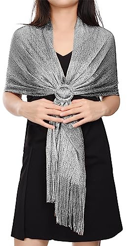 heekpek Stola Damen Festlich Umhang Schal Damen Elegant Lang Schal Weiches Umschlagtuch Glitzer mit Quasten für Brautkleider Abendkleider, Grau