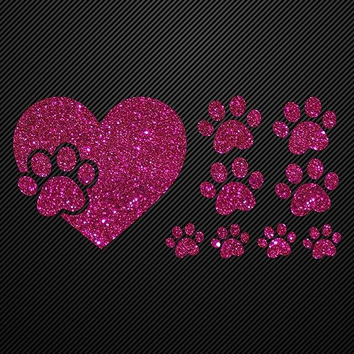 Glitzerdeals Bügelbilder Glitzer Pfote im Herz und kleine Pfoten pink Aufbügler für Textilien Karneval Kostüm Pfoten Bügelflicken Pfote Fasching Patch zum Aufbügeln Pfoten