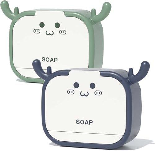Lot de 2 porte-savon autocollants pour douche - Bois d'élan - Sans perçage - Porte-savon mural - Avec couvercle et clips autocollants muraux - Pour organisateur de salle de bain (bleu, vert)