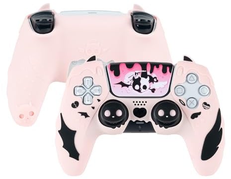 GeekShare Niedliches PS5-Controller-Hautgriff-Set, rutschfeste Silikon-Haut-Schutzhülle, Joystick-Kappen für Playstation 5 Wireless Controller-Zubehör-Set, Totenkopf (Rosa)