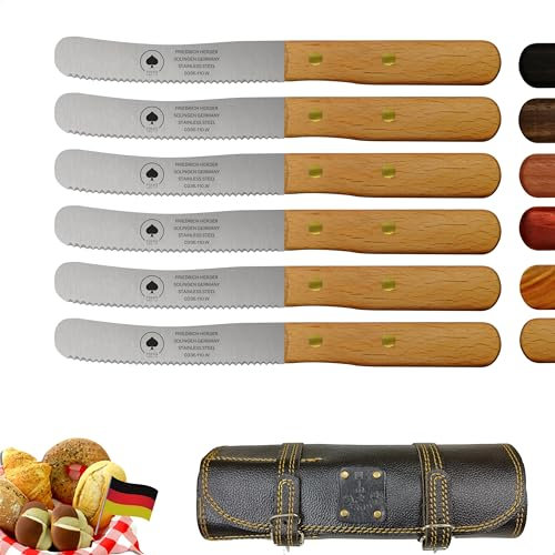 Solingen Messer 6er Set mit Wellenschliff inkl. hochwertiger Ledertasche, edler Buche Holzgriff, Premium Buckelmesser, Frühstücksmesser, Brötchenmesser, rostfreie Klinge, extra scharfes Küchenmesser