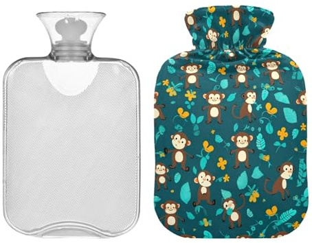 Wärmflaschen-Tasche mit Bezug, niedlicher Affe und Blätter, 1 Liter, für den Winter, für Nacken, Schultern und Beine, Schmerzlinderung, Menstruationsbeschwerden, Bett, Hand, Fußwärmer