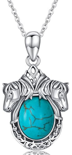 BETHZA Türkisfarbene Pferdehalskette für Damen 925er-Sterlingsilber echter blauer Türkis Glücksbringer-Hufeisen-Anhänger Geschenke für Pferdeliebhaber