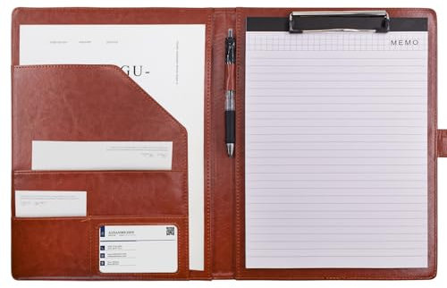 VANRA Porte-bloc en cuir pour entretiens, documents juridiques, format A4, bloc-notes, bloc-notes avec porte-cartes de visite (marron)