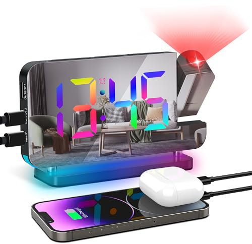 Lafocuse Projection Digital RGB Alarm Clock Bedside with Projector 180°, Colorful Nightlight & Time Display, Mirror LED Screen, 5 Volume, Snooze, USB Charger, 5 Levels Auto Dim for Bedroom, Black