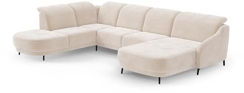 Cavadore Wohnlandschaft Blue, Sofalandschaft mit Longchair im modernen Design, inkl. kopfteilverstellung, Vorziehsitz motorisch, Klapptisch, mattschwarzen Metallfüßen, 356 x93 x 249, Mikrofaser, Beige