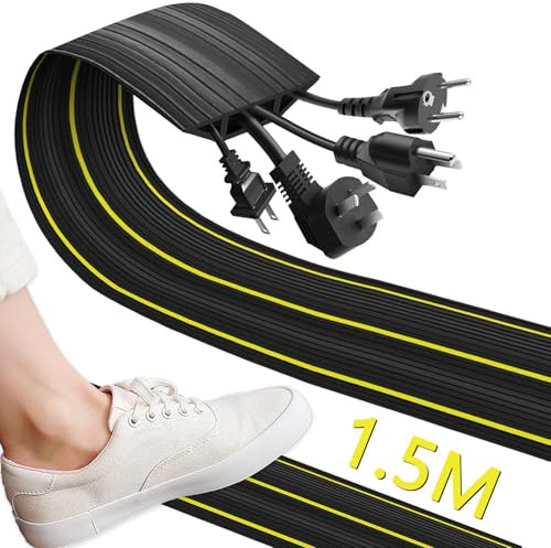 Xerteam Floor Cable Cover, 1.5M Heavy Duty Rubber Cable Protector with 3 Cord Channels, Yellow Warning Line, Easy Lay Flat