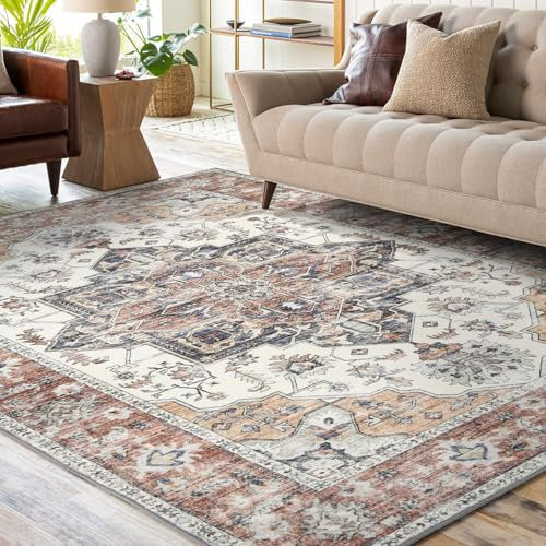 Machine Washable Rugs for Living Room 160x230 cm Vintage Boho Distressed Rug Large Area Rugs for Bedroom Dining Room Office Anti Slip Rug, Brick-Red