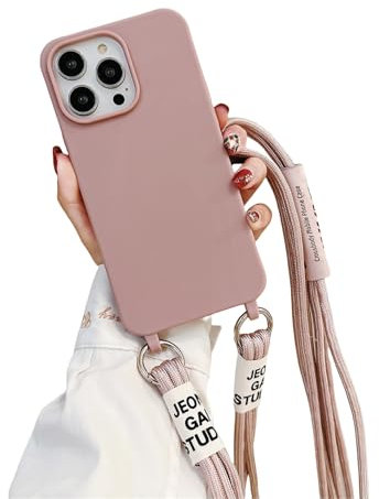 Emlivi Custodia per iPhone 12, con cordoncino da appendere, in morbido silicone, in nylon, antiurto, con cinturino per iPhone 12, rosa sabbia