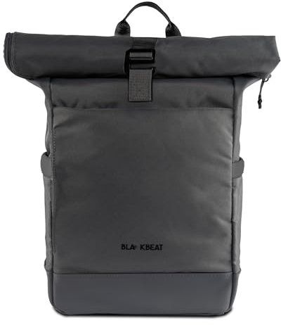 Blackbeat - Wasserabweisender Rolltop-Rucksack für Damen & Herren - mit Laptopfach, 2 Außenfächern, Getränke & Kofferhalterung - Daypack für Fahrrad, Arbeit, Reise & Sport - 15x28x56cm - 27L Volumen