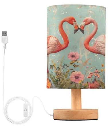 SKYSHU Lampe de chevet flamant rose, petite lampe de bureau LED USB avec base en bois antidérapante et abat-jour agréable pour les yeux pour salon, chambre à coucher, dortoir, maison, bureau