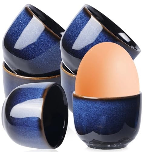 GOMETY Juego de 6 hueveras de porcelana, hueveras de cerámica, vintage, azul, multicolor, hueveras, porcelana, soporte para huevos cocidos, desayuno, brunch, cena, apto para lavavajillas