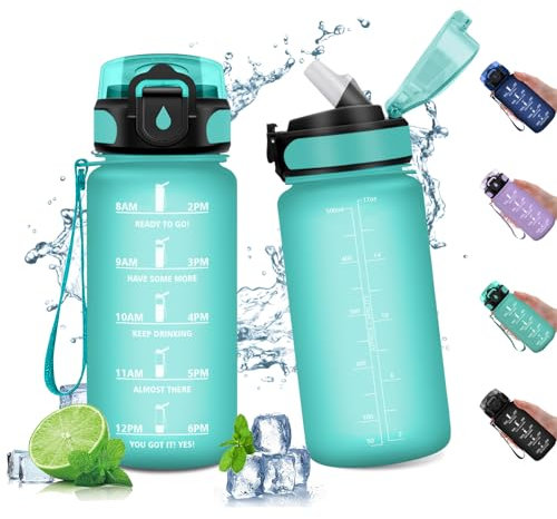 Sportflasche 500ml, Wasserflasche mit Strohhalm, Trinkflasche Auslaufsicher, Sport Wasserflasche mit Zeitmarkierung, Kohlensäure Geeignet, Trinkflasche Groß für Fitness, Yoga, Outdoor, Fahrrad