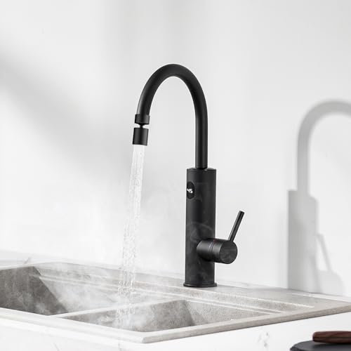 Wasserhahn mit Durchlauferhitzer, Elektrischer Heizung Küchenarmatur 3200W, 2 Strahlarten, LED-Temperaturanzeige, 360° Drehbarer, Spültischarmatur Küche Elektrischer Mischbatterie, Schwarz