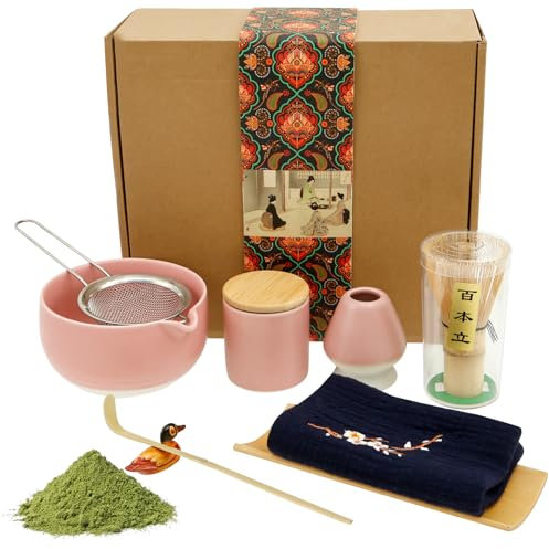 Matcha Set,9 Stück Elegantes Matcha Tee set mit Bambusbesen,Keramik Schale mit Ausgießer,Teelöffel,Teesieb und Zubehör,Japanisches Matcha Besen Set,Perfekt Geschenk für Matcha-Liebhaber(Rosa)