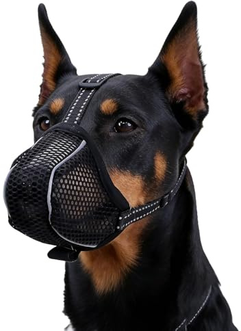 VZU Maulkorb für Hunde, Atmungsaktiv, Reflektierend, Verstellbarer Hundemaulkorb für Kleine Mittelgroße und Große, Verhindert Kauen, Fressen, Beißen, Mesh Haustiermaske (1, Schwarz, L)