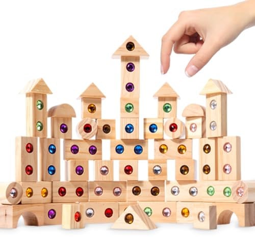 Regenbogen-Stapelspielzeug Aus Holz, Holzbausteine Set für Kinder, Regenbogen Stapelblock, Regenbogen-Stapelspielzeug Aus Holz Mit Acryl Edelstein, Pädagogisches Lernspielzeug Für Kinder (50stk)