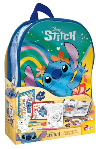 Lisciani - DISNEY STITCH - Backpack with Stitch Colouring Set for Children from 5 years - 7 Pop-ups + Creative Colouring Booklet + Stickers + 4 Markers - Creative activities - Educational Games