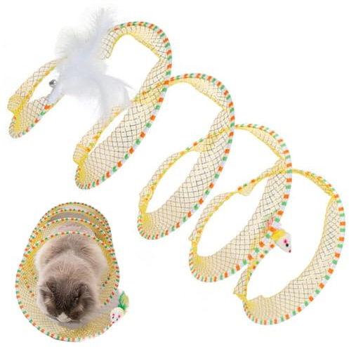 Katzentunnel Faltbare Selbsteinstellung Katzenjagd Spiraltunnel Spielzeug Anti-Biss ＆ Scratch Play mit Ringbell ＆ Mausspielzeug 9, 8 '' Dia Interactive Toys für Innenkatzen Gelb