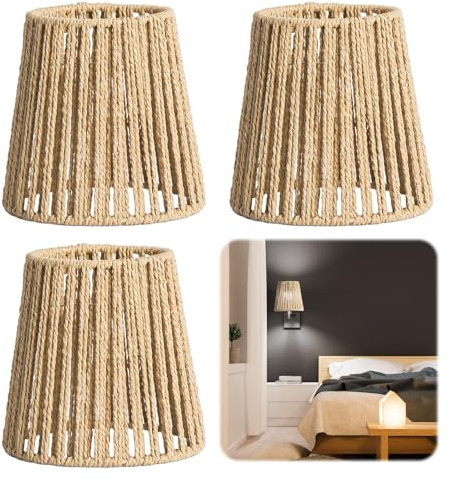 Lampenschirm Boho, E27 Naturales Rattan Lampenschirm für Hängelampe & Stehlampe mit Korbgeflecht Design, Ersatzschirm für Deckenleuchte Ø 14cm