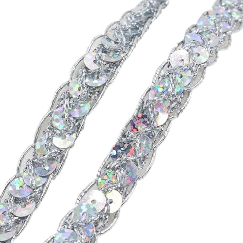 Blausky 12m x 1cm Paillettenband,Pailletten Bänder Glitzerndes Spitzenband Dekoband Spitzenbesatz mit Pailletten Paillette Trim Glitzer Borte für DIY Nähen Handwerk Deko Bastelprojekte,Silber