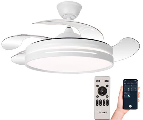 Bilake Ventilador de techo one con luz silencioso aspas retractiles económico 4 aspas 6 velocidades Lampara ventilador blanco con mando