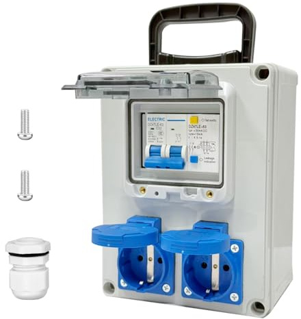 Baustromverteiler 16A, Wandverteiler mit 2 AC Schuko Stecker 250V, Wasserdicht Stromverteiler mit FI Schalter 2P+N 16A, Baustromverteilerkasten Aufputz für Indoor/Outdoor-Bereich