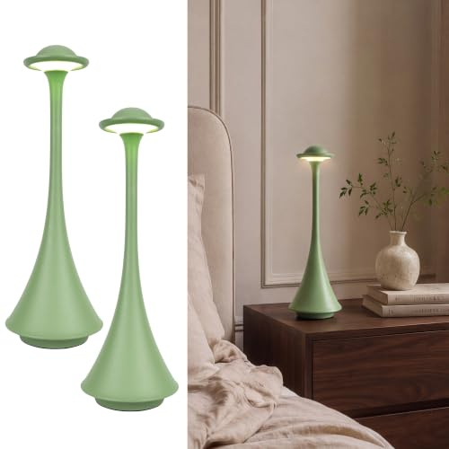 LuminexDesigns 2ER Kabellos LED Tischlampe Touch Dimmbar–Metall im Modern Minimal Design,Akku Tischlampe Tragbar Nachttischlampe für Abendessen,Café,Balkon & Terrasse Atmosphäre -Salbeigrün