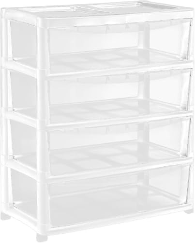 PD - Jumbo Chest Storage Drawers Unit Modular Plastic Organiser Tower for Home Office Bedroom Closet Nursery Dorm Room Organisation Heavy Duty Storage Solution (White/Clear, 4 Tier)