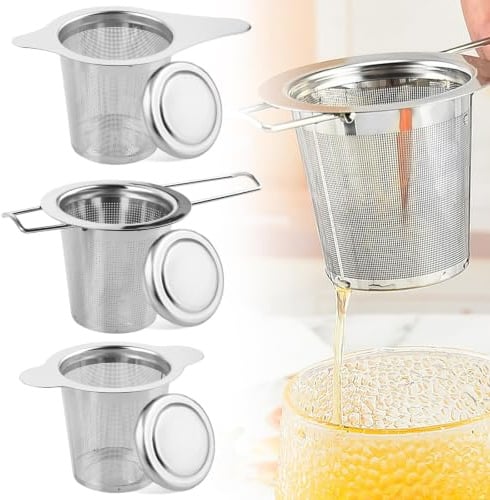 3 x tesil för löst te av rostfritt stål, tefilter för te med lock och sil, fin tesil med vikbara handtag teägg för tekanna kopp mugg, diskmaskinssäker