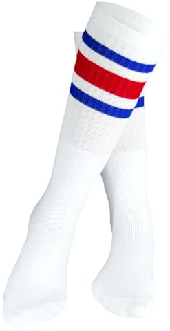 Aurellie Basket Sportsocken Frottee 60cm – Lange Retro Kniestrümpfe Overknee Socken für Damen Herren Kinder – Klassische gestreifte Sport Socken, Weiß mit Streifen, Bequem & Atmungsaktiv