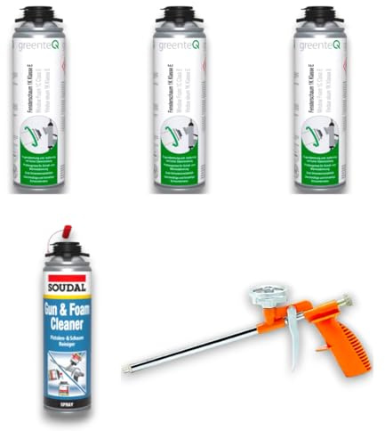 Montageschaum Pistolenschaum 1K Schaum 500ml Kombiset inkl. Pistole + Reiniger/Multischaum Fensterschaum hohe Schalldämmung Wärmedämmung (500-1k-set-3)