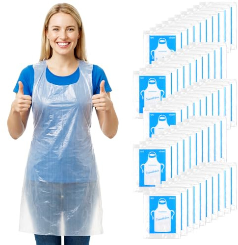 100 Stück Wasserdichte Einwegplastik-Schürzen Großpackung - Einstellbar für Erwachsene, Kochen, Malen, Hausarbeit, Picknick und Partys