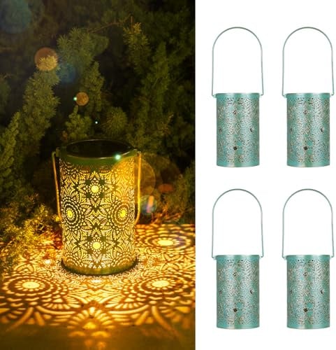 Solarlaterne für Außen Grüngold 4 Stück, Bonsery IP65 Wasserdicht Solarlampen für Außen Hängend Vintage Metall, LED Warmweiß Solarleuchte Stehend für Draußen Balkon Rasen Hof Garten Deko
