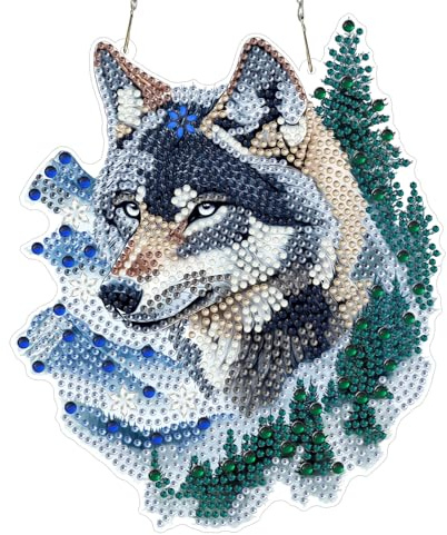 MXJSUA Diamond Wald Wolf Painting Anhänger mit Kette Erwachsene, Diamant Painting Fensterbilder Hängende Ornament Bastelset Set für Wand Und Eingang Decor Geschenk 20x20cm