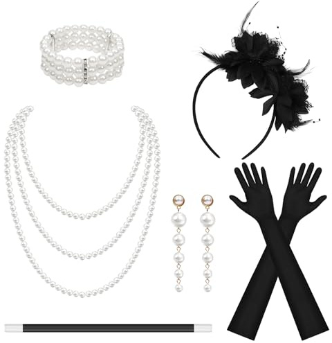 CTYUEYUN 8 Stück Gatsby Accessoires Damen Set 1920er Jahre Accessoires | Inklusive Perlenkette und Ohrringen, Stilvolle Accessoires, Geeignet für Karneval, Geeignet für Halloween und Karnevalspartys