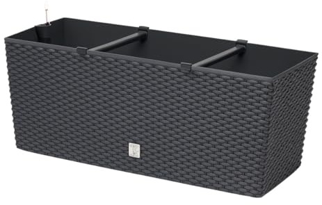 BirnePower Blumenkasten 600 Anthrazit mit Bewässerung – 60 x 25 cm Polyrattan Pflanzkübel rechteckig, Wasserspeicher & Wasserstandsanzeiger, Balkonkasten Kunststoff wetterfest (30 Liter)