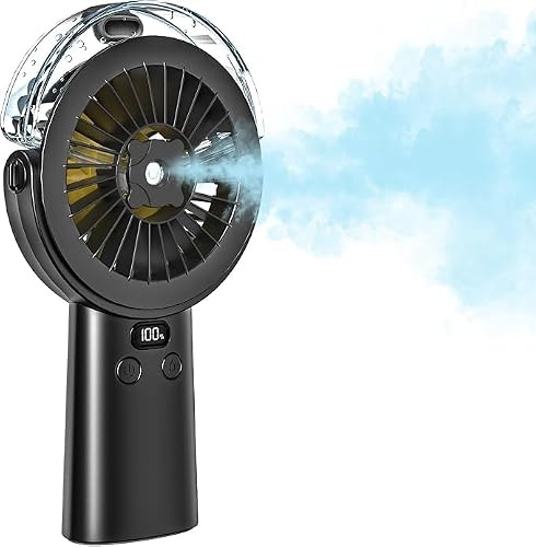 BQSS Ventilateur à main avec refroidissement à eau, ventilateur portable rechargeable par USB, 5 vitesses, réglable à 90° avec affichage LED, mini ventilateur pour plage, bureau et voyage (noir)