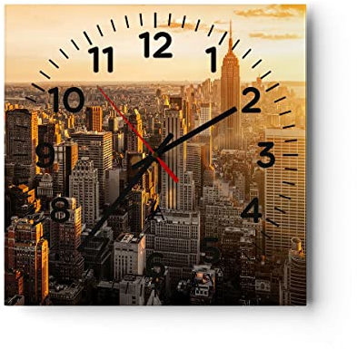 Modern Wanduhr New York Wolkenkratzer Manhattan 40x40cm Quadrat Groß Wand Uhr Glas Analog Zimmeruhren Küche Büro Wohnzimmer Glasuhr Wall Clock Dekoration Design Wanddekoration Küchenuhr C4AC40x40-2672
