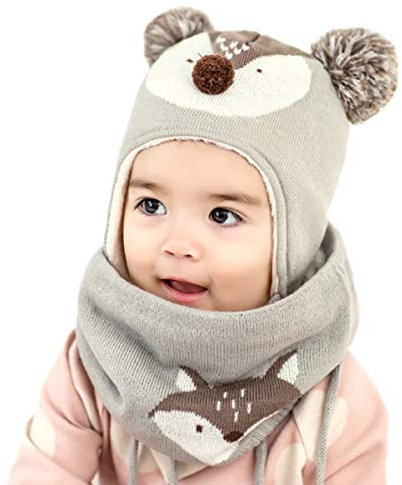 DORRISO Jungen Mädchen Mütze Schal Set Niedlich Klein Fuchs Mütze Winter Herbst Frühling Warm Gemütlich Unisex-Baby Beanie Strickmütze 1-7 Jahr Grau L